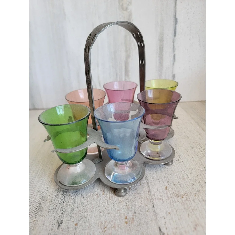 Vintage rainbow Farber ware art deco shot tray metal multi color set home